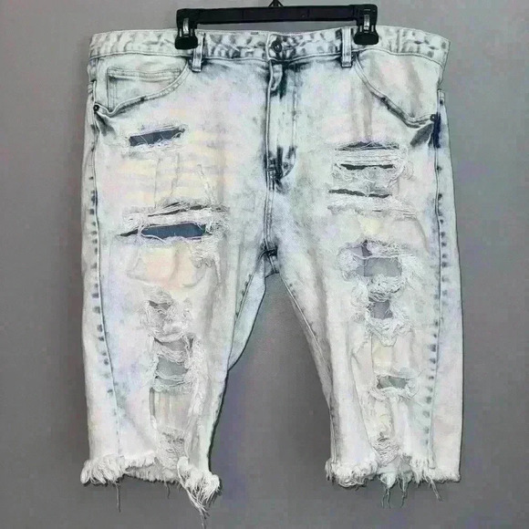 EUC Smoker Rise Denim Ripoff Rip & Repair Jean Shorts Acid Wash Blue Size 42 - Picture 1 of 5